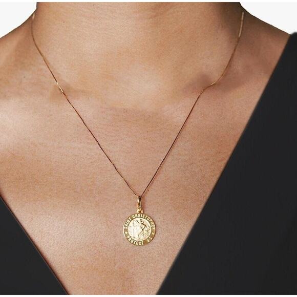 Real Gold St Christopher Coin Charm Medallion Necklace, 10K Solid Gold Box Chain - Picture 1 of 5